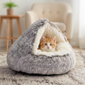 plush cat bed, insulated pet nest, enclosed cat bed