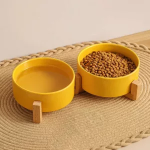Two-In-One Ceramic Pet Bowl with Wooden Stand
